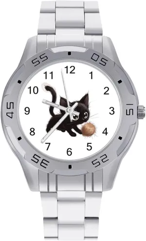 Wrist Watches for Men Casual Business Dress Watch with Stainless convenience Steel Band Work Party Cat and Fur Ball Classic 