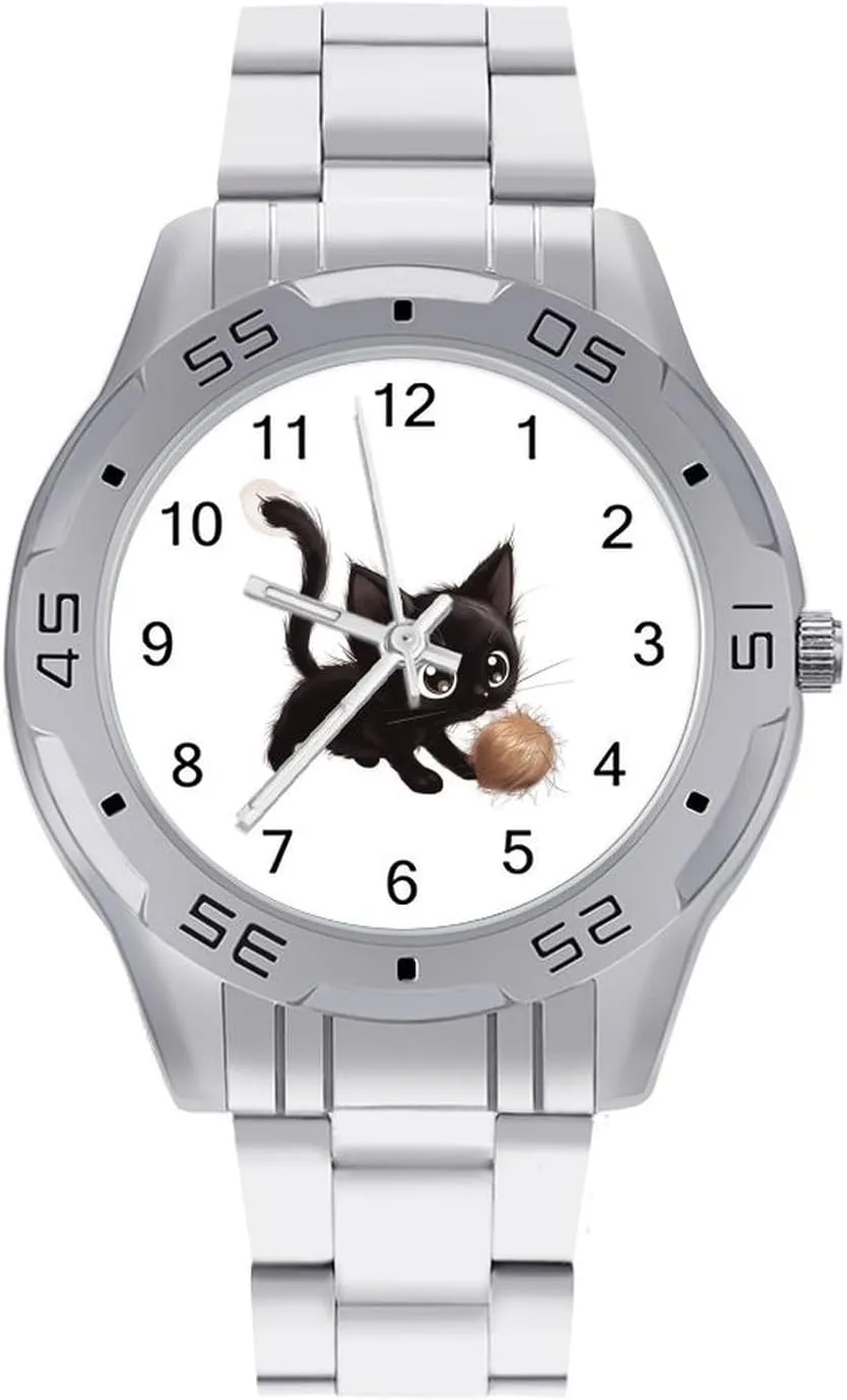 Wrist Watches for Men Casual Business Dress Watch with Stainless convenience Steel Band Work Party Cat and Fur Ball Classic 