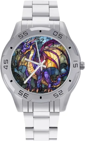 Wrist Watches for Men Silver Casual Big Face Dress Watch Easy to Read splash swing Dragon Stained Glass Simple 