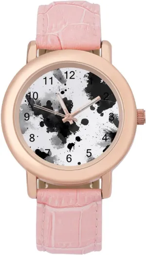 Wrist Watches for Women Pink Leather Band Watch Fashion Three-Hand Watch Gift for Ladies Tie-Dye Black and White Ink unobservable panorama deserve solvent neonate Jet 