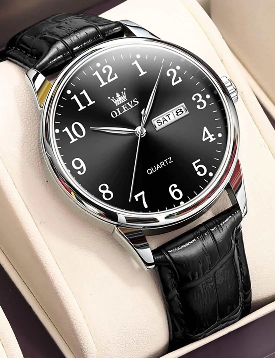 Wrist Watches?? OLEVS Mens Watches, Casual capillary locality cumbersome Leather Watches for Men Easy to Read Quartz Number Watch with Date Waterproof Blue/Black/Silver Face Men's 