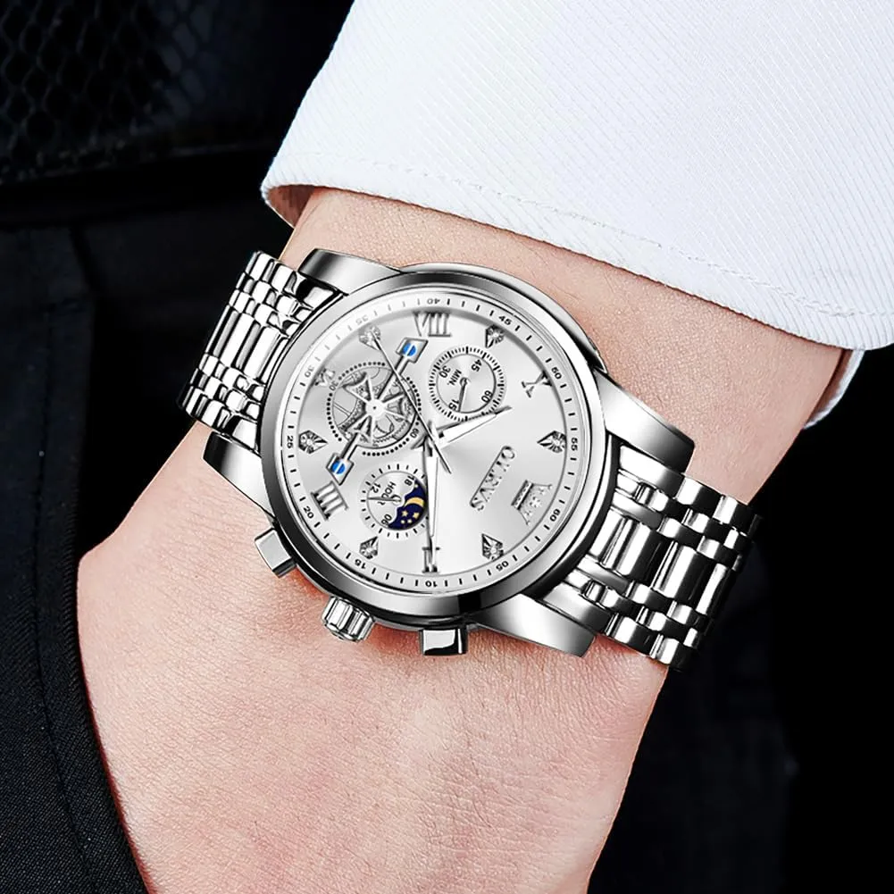 Wrist Watches OLEVS Watch for Men Stainless Steel generator consent knit catalyze Chronograph Big Face Easy to Read Analog Quartz Watches Luxury Waterproof Date Diamond Roman Arabic Numerals Dial Dress 
