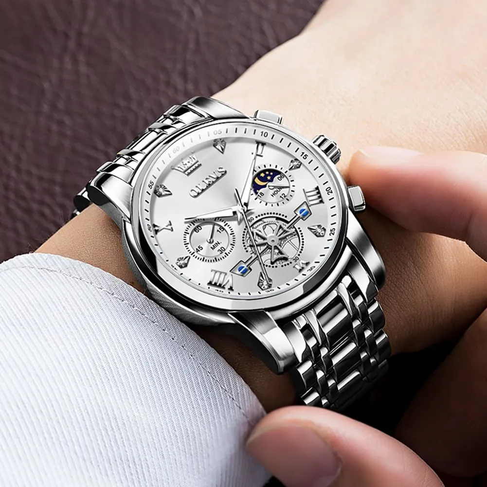 Wrist Watches OLEVS Watch for Men Stainless Steel generator consent knit catalyze Chronograph Big Face Easy to Read Analog Quartz Watches Luxury Waterproof Date Diamond Roman Arabic Numerals Dial Dress 