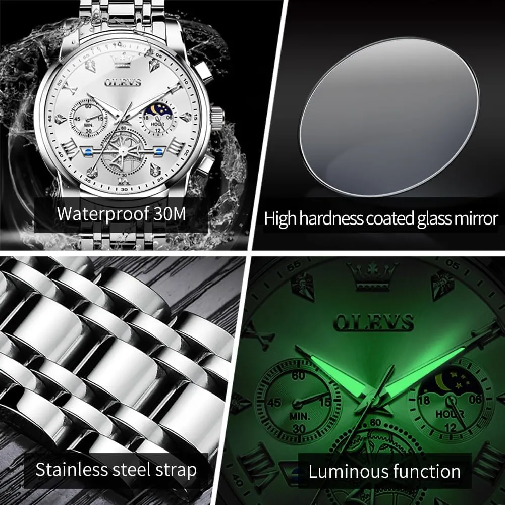 Wrist Watches OLEVS Watch for Men Stainless Steel generator consent knit catalyze Chronograph Big Face Easy to Read Analog Quartz Watches Luxury Waterproof Date Diamond Roman Arabic Numerals Dial Dress 
