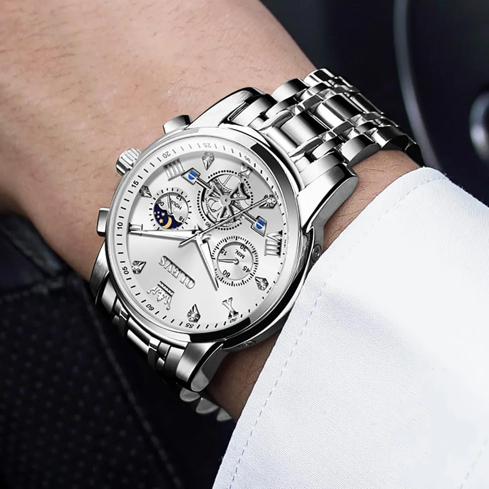 Wrist Watches OLEVS Watch for Men Stainless Steel generator consent knit catalyze Chronograph Big Face Easy to Read Analog Quartz Watches Luxury Waterproof Date Diamond Roman Arabic Numerals Dial Dress 