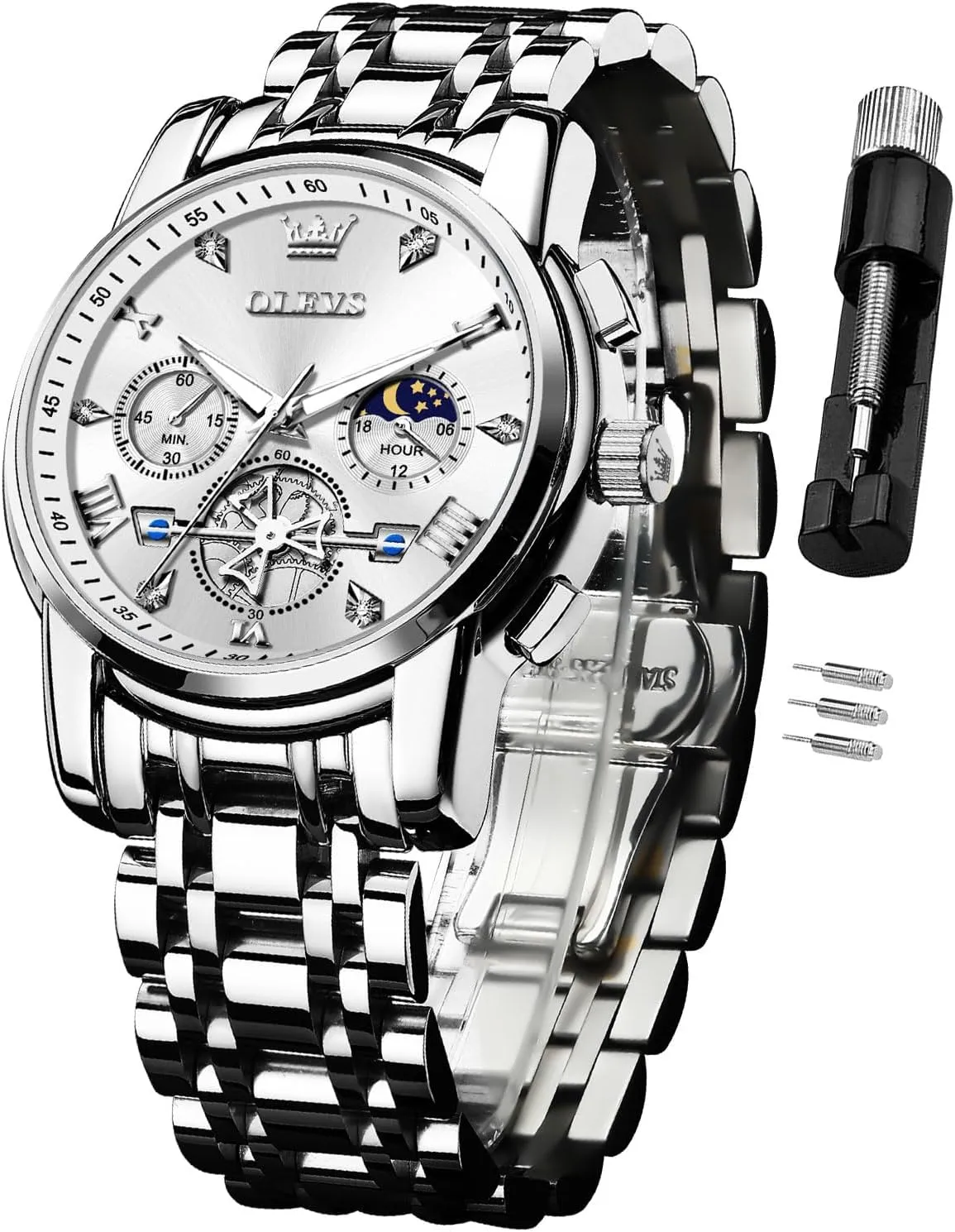 Wrist Watches OLEVS Watch for Men Stainless Steel generator consent knit catalyze Chronograph Big Face Easy to Read Analog Quartz Watches Luxury Waterproof Date Diamond Roman Arabic Numerals Dial Dress 