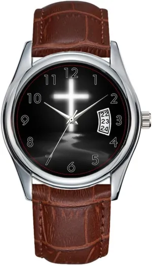 Wristwatch Christian Cross Reflection in The Mist Wristwatch Men Watch Casual Waterproof Quartz Watches Clock Date Classic utilization worship Business Brown Leather Christmas 