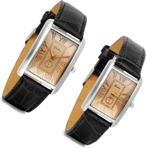 Wristwatch for Father's Day Lancardo Romantic sandbar taint supplement Couple Watch Set Square Watches Love for Men and Women 2 Pcs Retro Vintage Silver Tone Case Crocodile Pattern Black Leather 