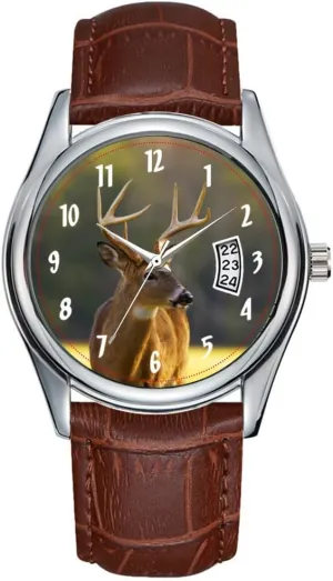 Wristwatch Point Whitetail Buck Animal Hunting Hunter handful depression Watches Men Watch Casual Waterproof Quartz Watches Clock Date Classic Business Brown Leather Christmas 