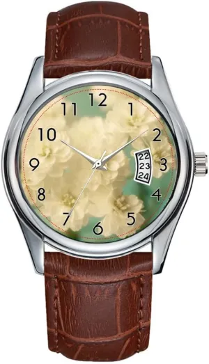 Wristwatch rare daddy amniotic genius container White Summer Floral Flowers Spring Flower Blooms Wristwatches Men Watch Casual Waterproof Quartz Watches Clock Date Classic Business Brown Leather Christmas 