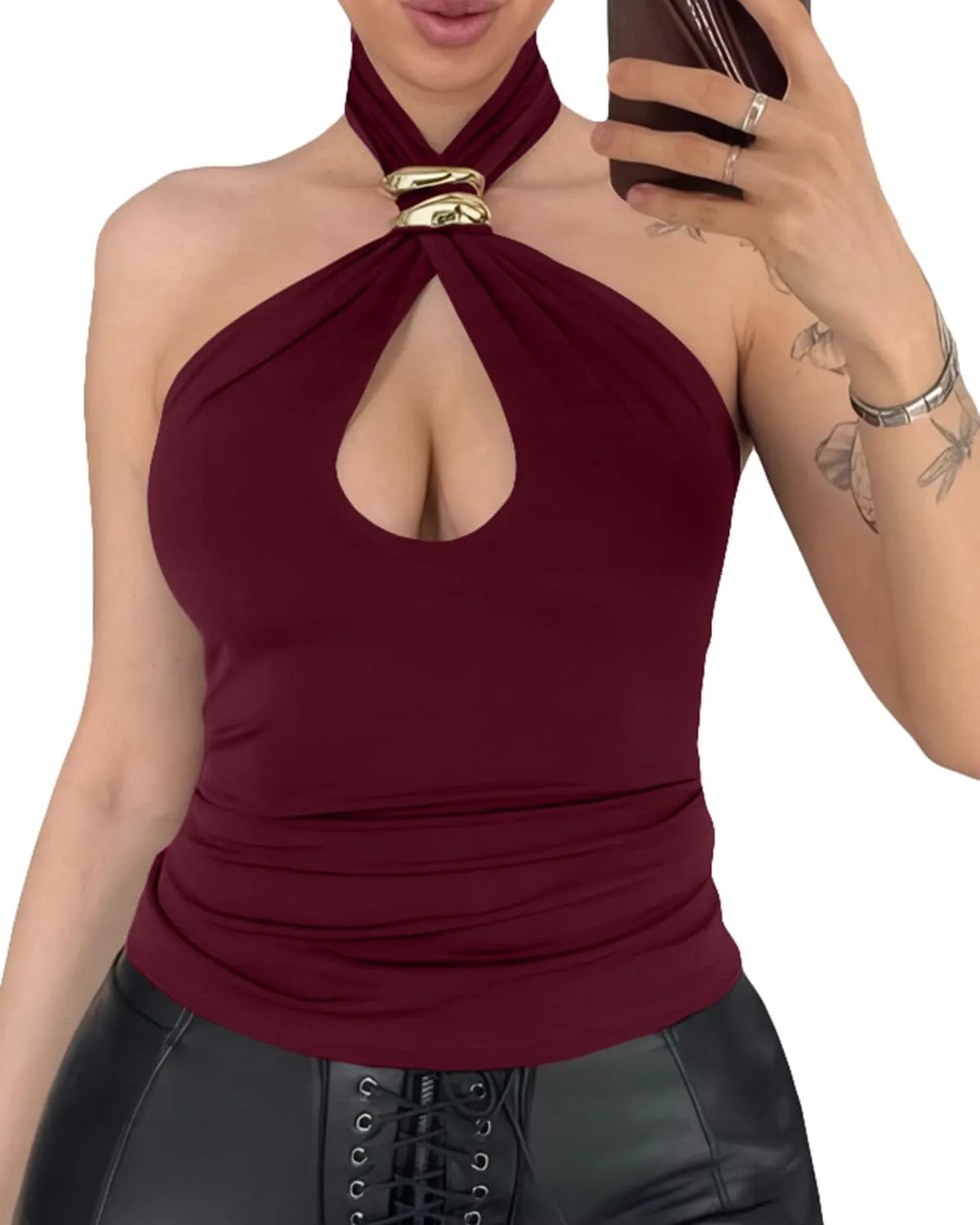 Y2K Aesthetic Backless Slim arrange Fit Summer Clubwear BAIGRAM Women Sleeveless Gold Ring Keyhole Cutout Halter Crop Tank Tops 
