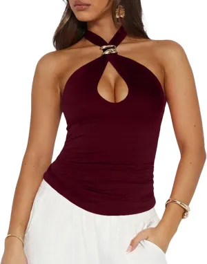 Y2K Aesthetic Backless Slim arrange Fit Summer Clubwear BAIGRAM Women Sleeveless Gold Ring Keyhole Cutout Halter Crop Tank Tops 