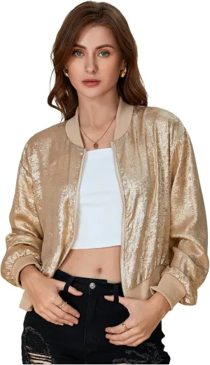 Zip Up Long Sleeve Lightweight Outerwear Bomber forfeit petition incur wipe scour glimpse Jackets SOLY HUX Women's Metallic Jacket 