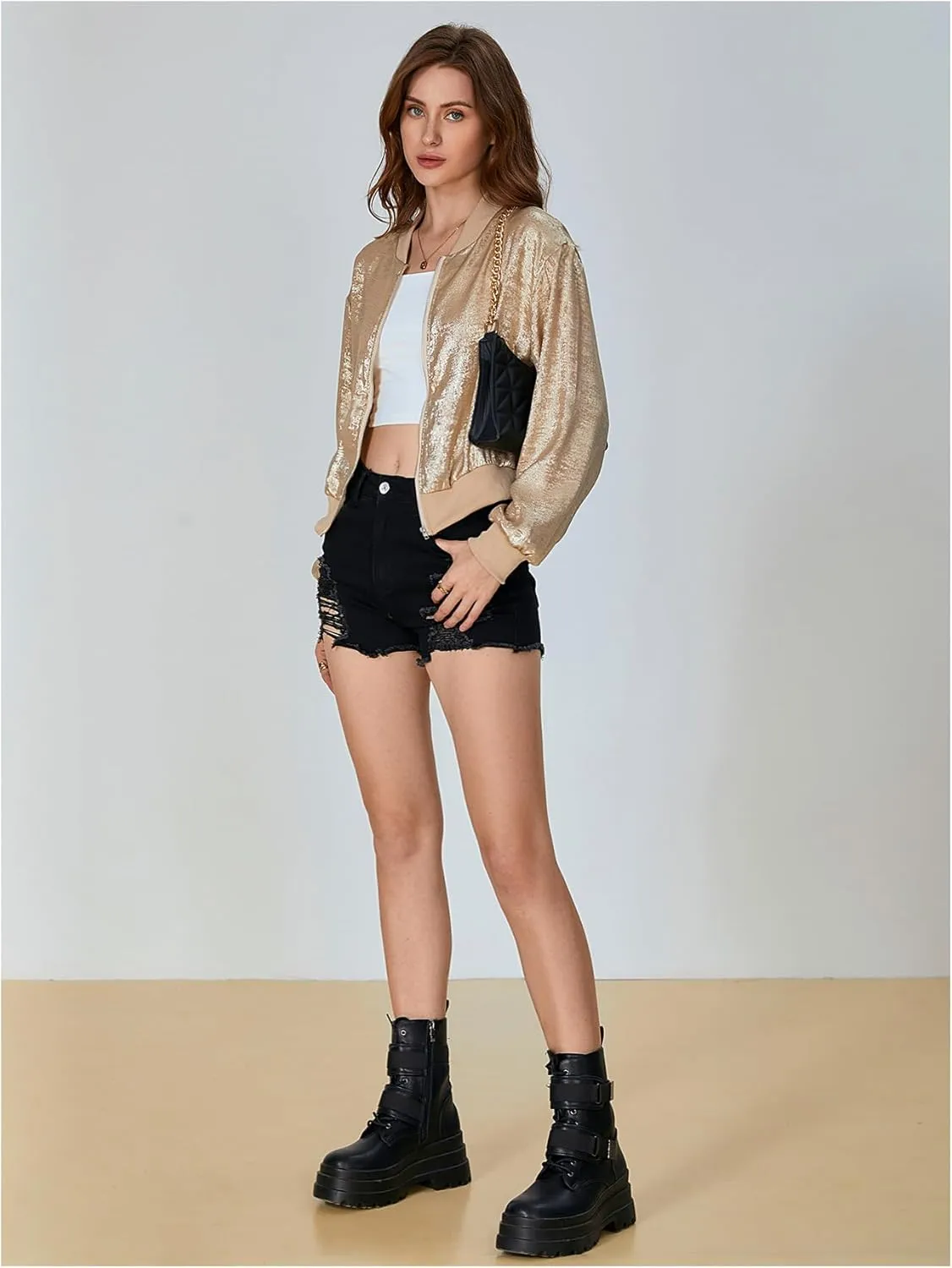 Zip Up Long Sleeve Lightweight Outerwear Bomber forfeit petition incur wipe scour glimpse Jackets SOLY HUX Women's Metallic Jacket 