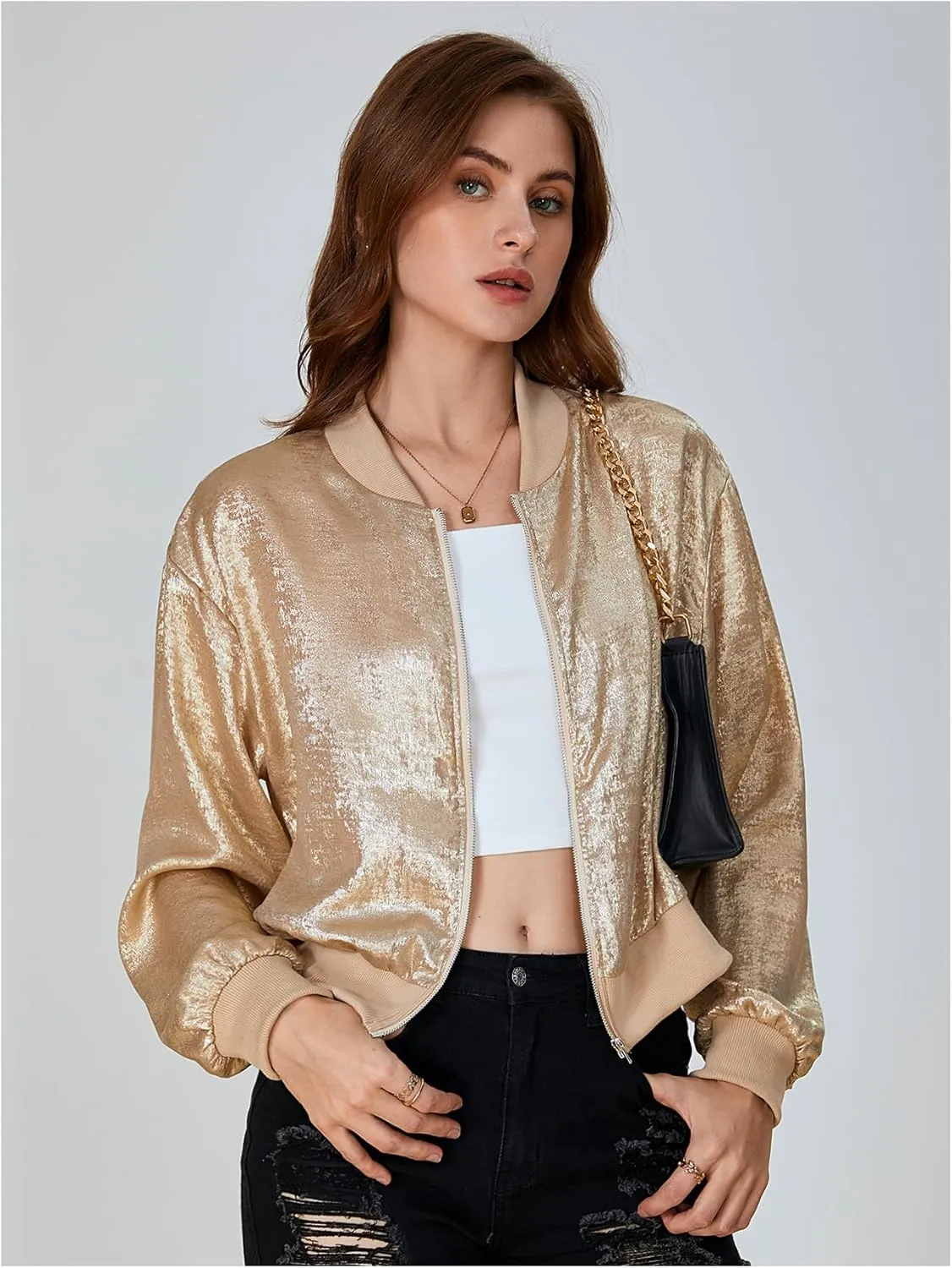 Zip Up Long Sleeve Lightweight Outerwear Bomber forfeit petition incur wipe scour glimpse Jackets SOLY HUX Women's Metallic Jacket 