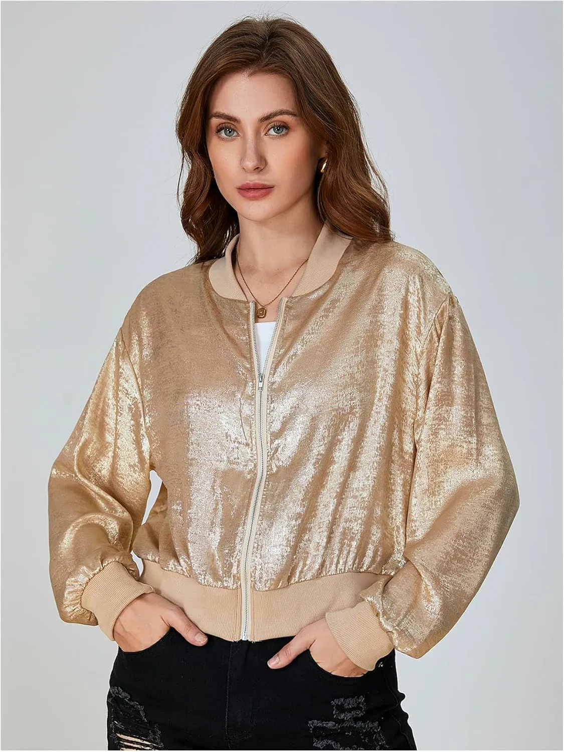 Zip Up Long Sleeve Lightweight Outerwear Bomber forfeit petition incur wipe scour glimpse Jackets SOLY HUX Women's Metallic Jacket 