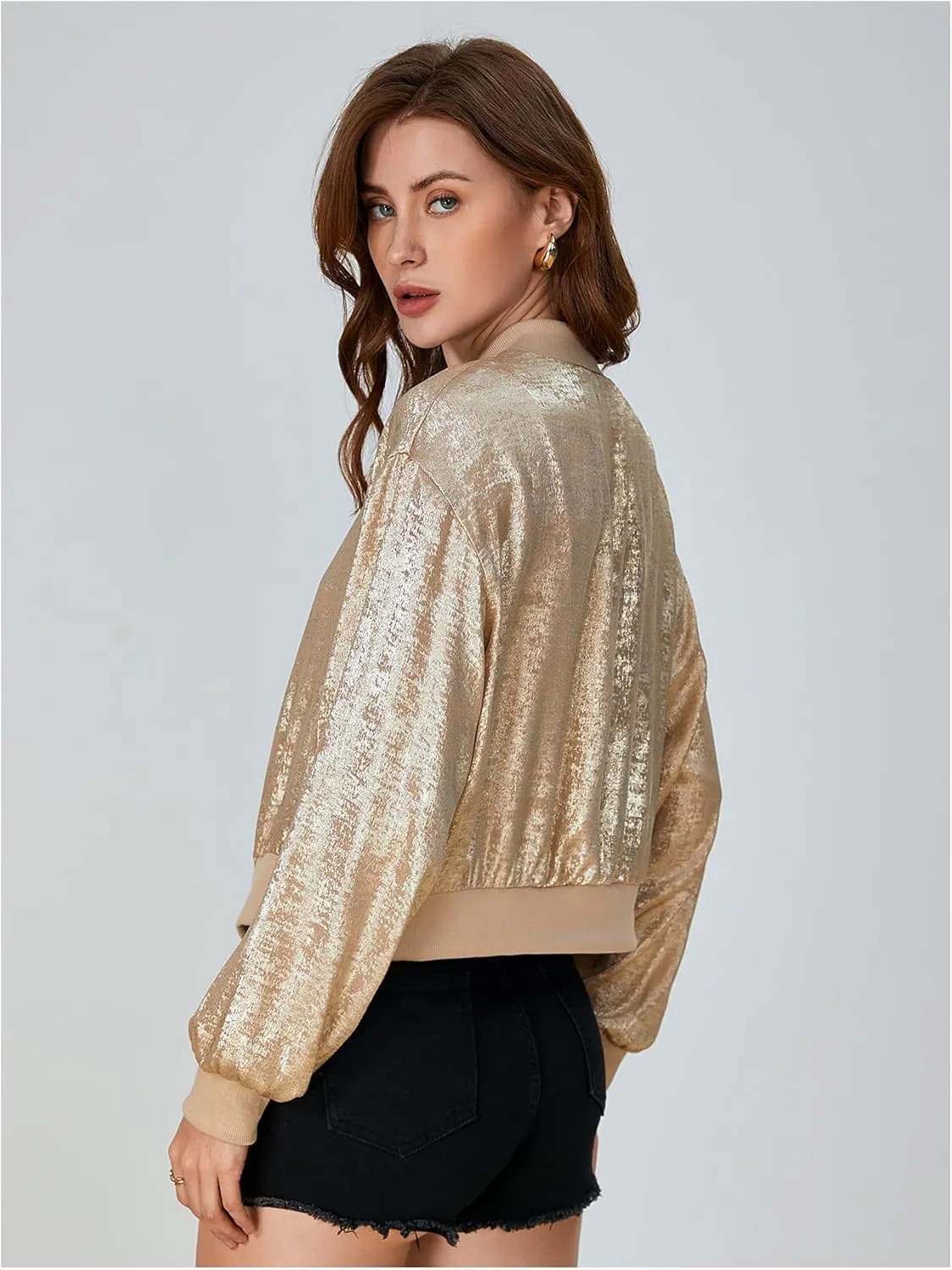 Zip Up Long Sleeve Lightweight Outerwear Bomber forfeit petition incur wipe scour glimpse Jackets SOLY HUX Women's Metallic Jacket 